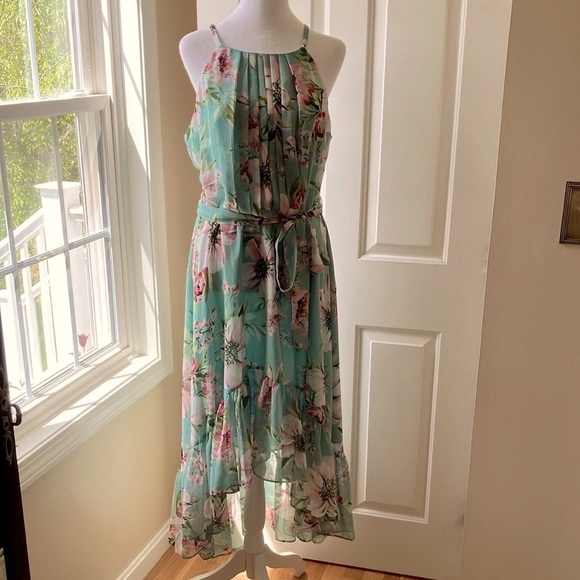 Vince Camuto Floral Chiffon Halter Dress High-Low Green Size 14 - Picture 3 of 16